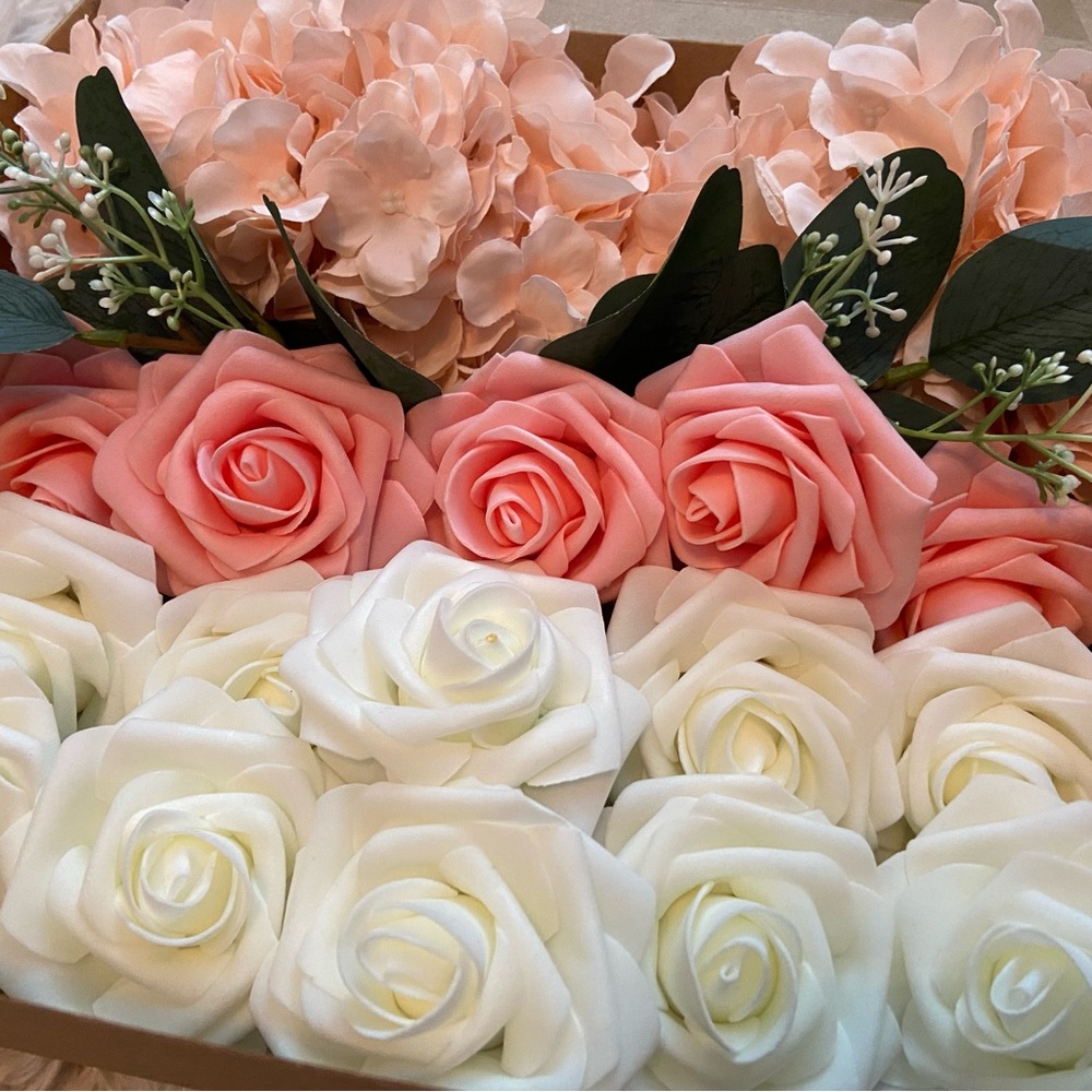 30 Ct Peach Pink Hydrangeas Eucalyptus Wedding Ivory Flowers Bouquet White Roses